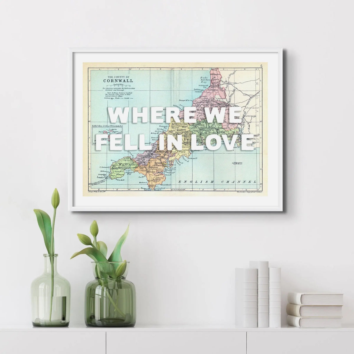 Custom Map Print of Cornwall | Personalised Art Print in White Font - Unframed Wall Art