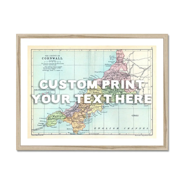 Custom Cornwall Map Print | Personalised Art Print with White Font - Framed Wall art