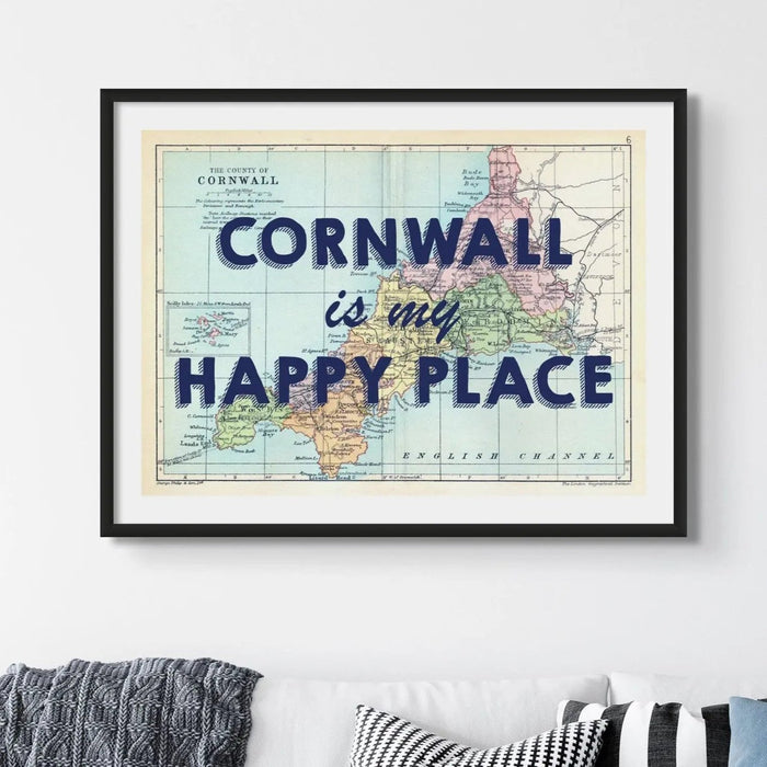 Cornwall is my Happy Place Print | Vintage Map Art | Cornwall Print - Framed Wall Art