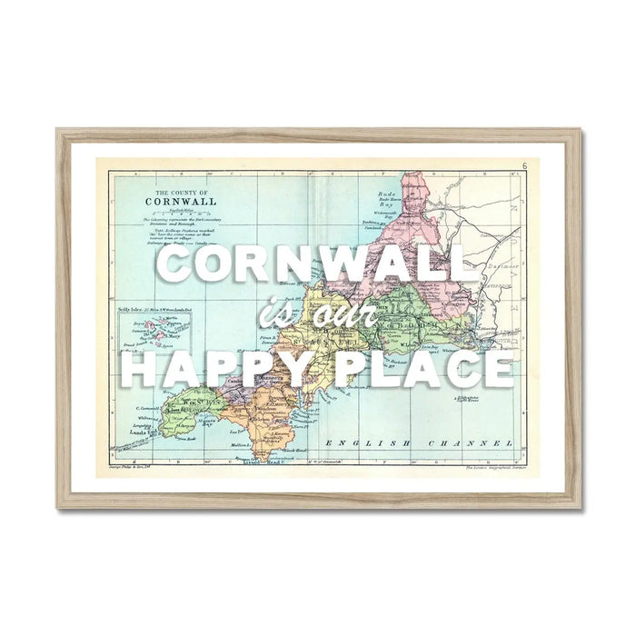 Cornwall is our Happy Place Art print | Cornwall Map Print | Vintage Map Prints with white text - Framed Wall Art