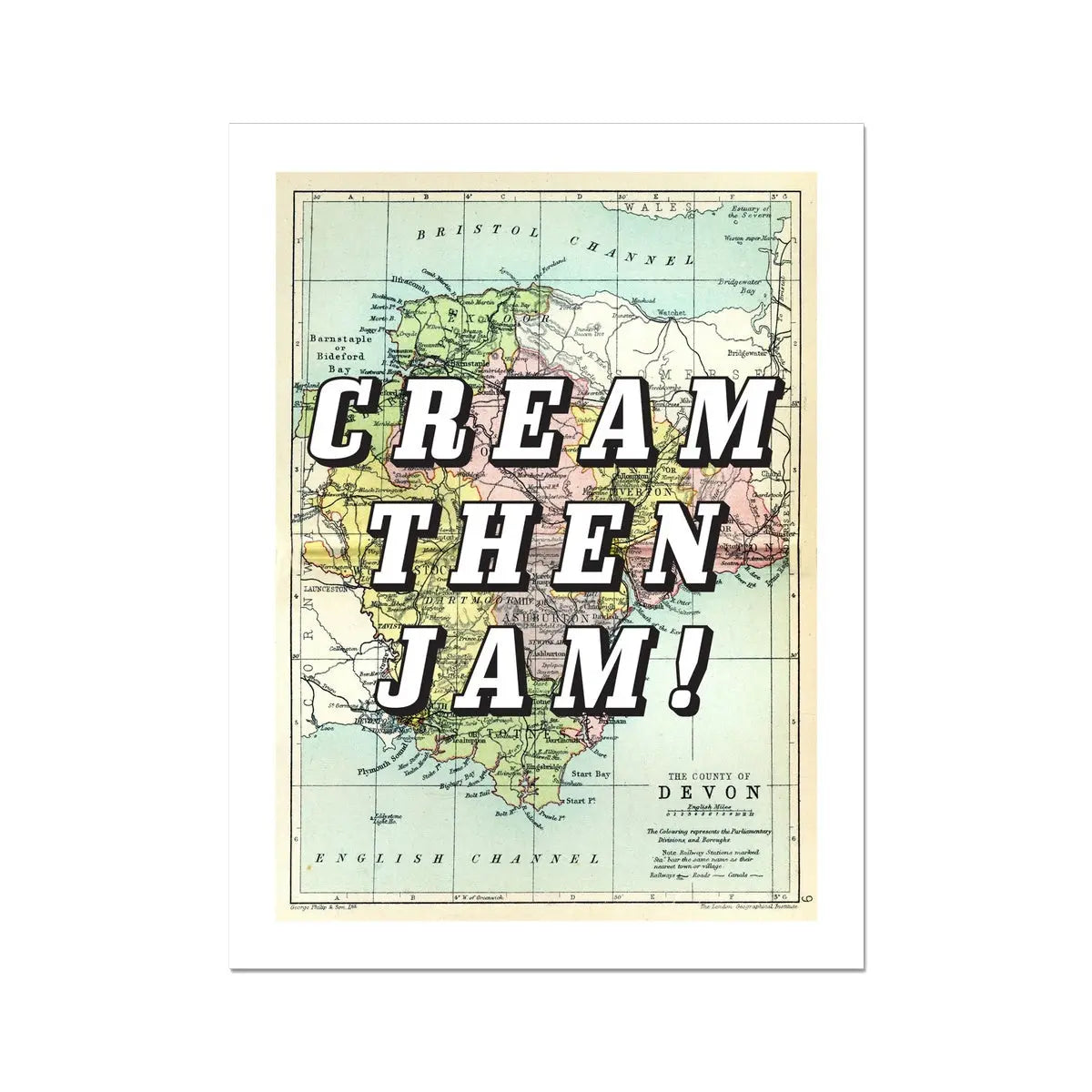 Cream Then Jam! (Devon Map) Vintage Map Art - Unframed - Beach House Art