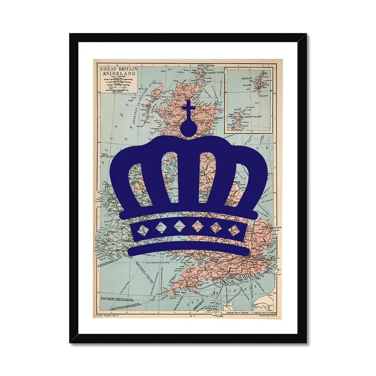 The crown Special Edition coronation souvenir print - Crown over a uk map print (United Kingdom Map) Vintage Map Art - Framed - Beach House Art