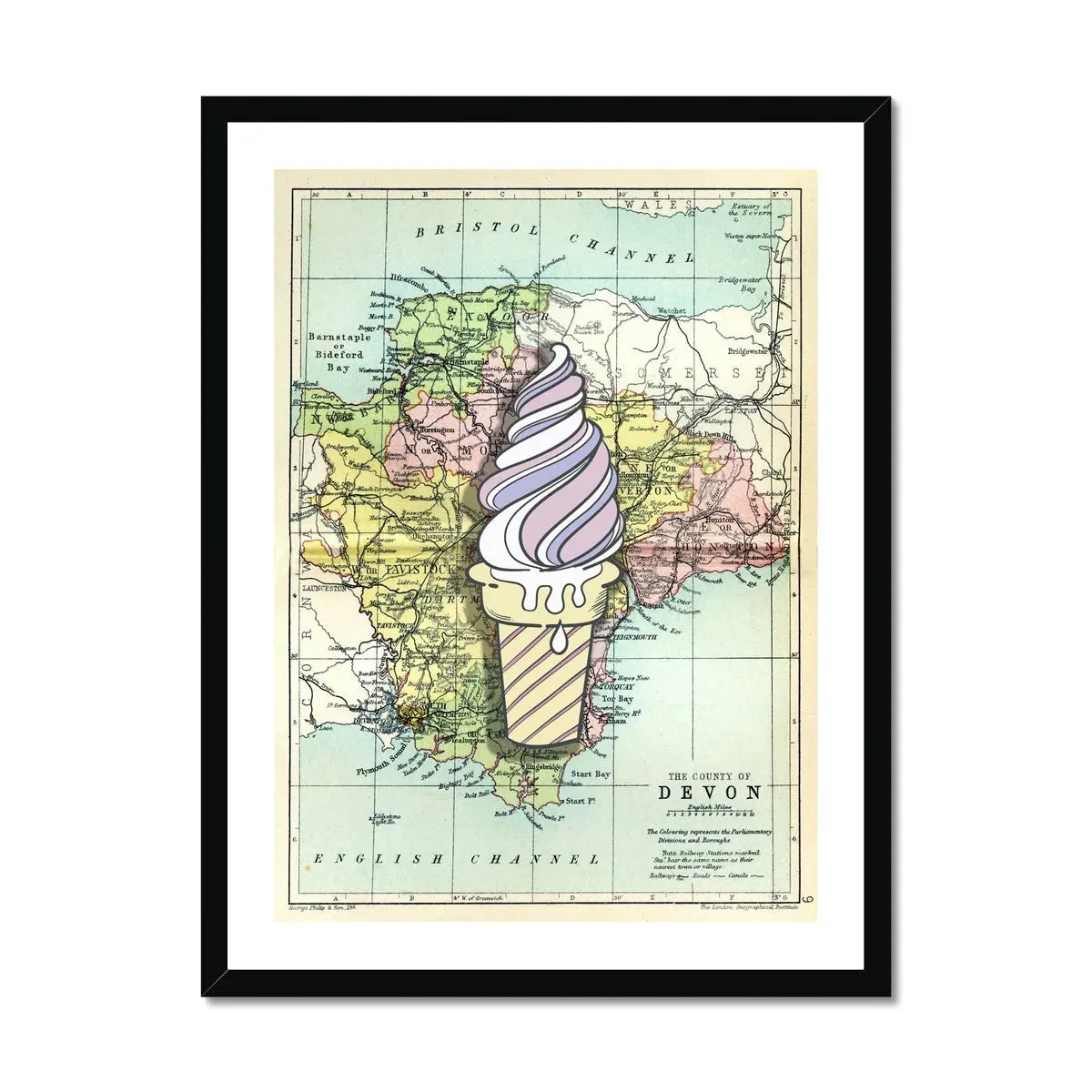Devon Ice Cream (Devon Map) Vintage Map Art - Framed - Beach House Art