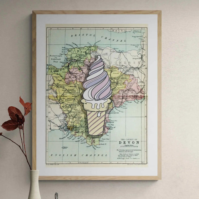Devon Ice Cream (Devon Map) Vintage Map Art - Framed - Beach House Art
