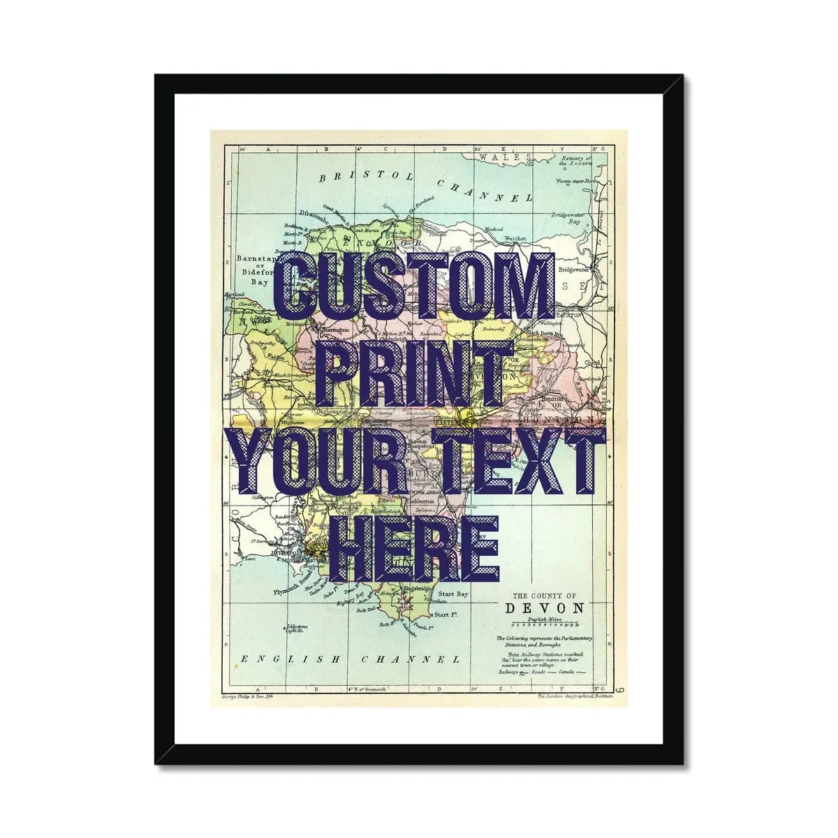 Custom Map Print of Devon | Personalised Map Print | Map Prints with Navy Font - Framed Wall Art