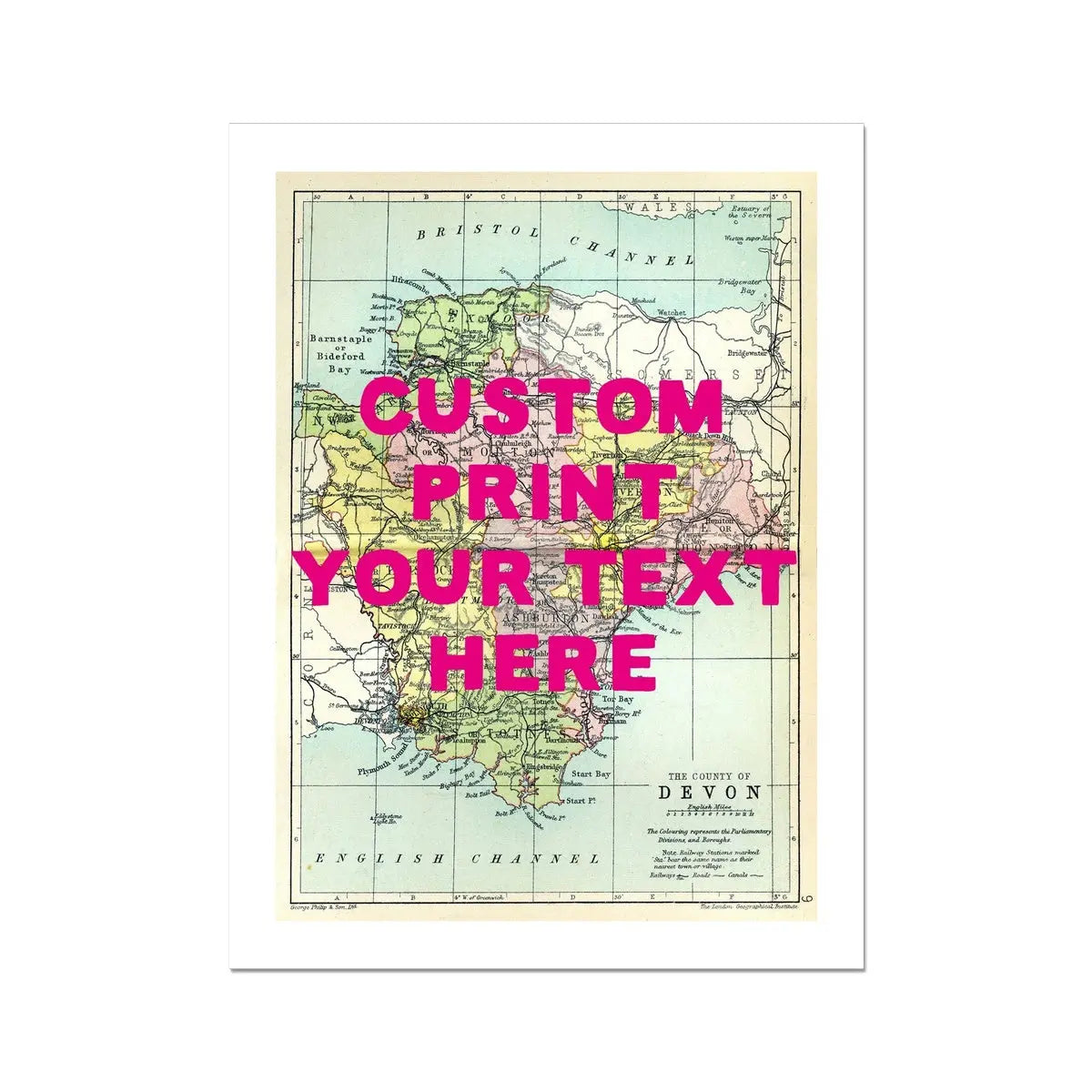 Map print of Devon | Personalised Map Print | Map prints of Devon with pink custom wording - Unframed wall art
