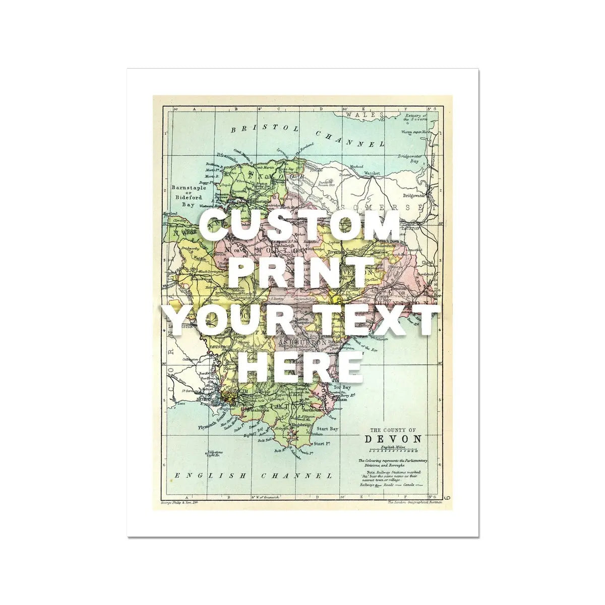 Custom map print of Devon | Personalised Map Print | Map prints with white font - Unframed wall art