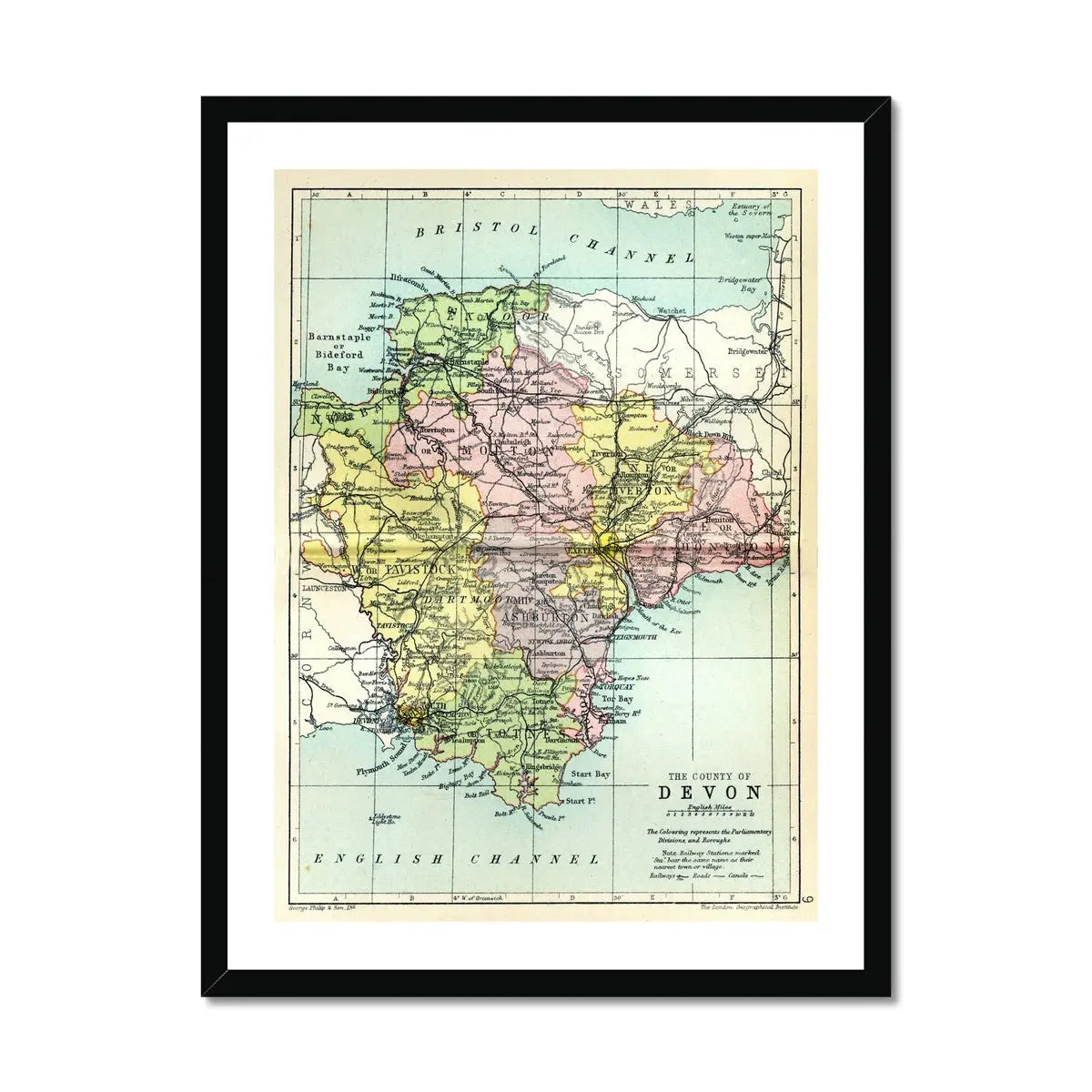 Devon Vintage Map (Devon Map) - Framed - Beach House Art