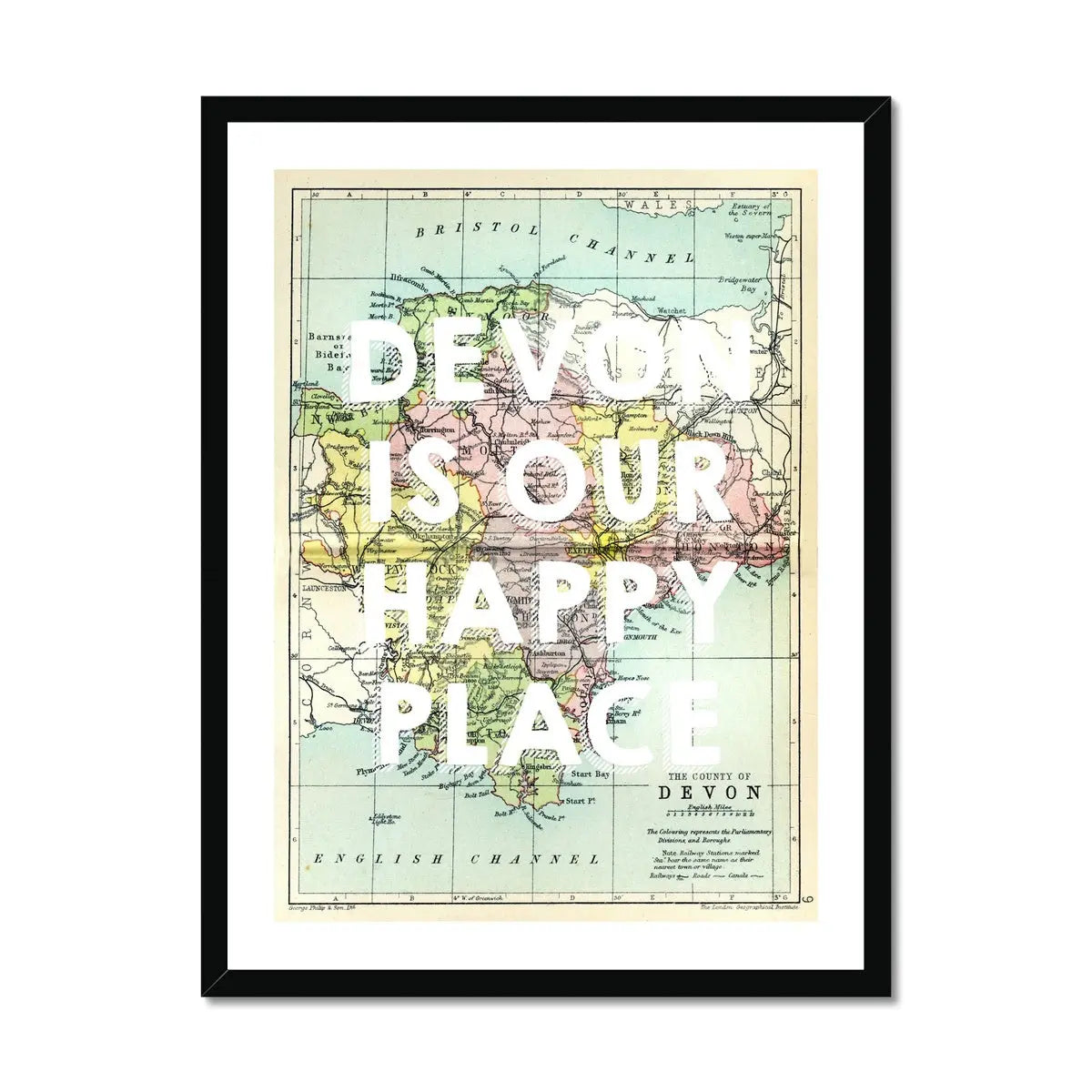 Devon is our Happy Place (Devon Map) Vintage Map Art - Framed - Beach House Art