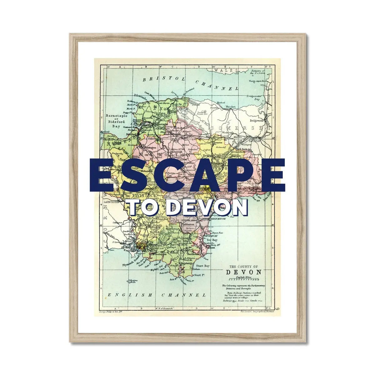 Escape to Devon (Devon Map) Vintage Map Art - Framed - Beach House Art