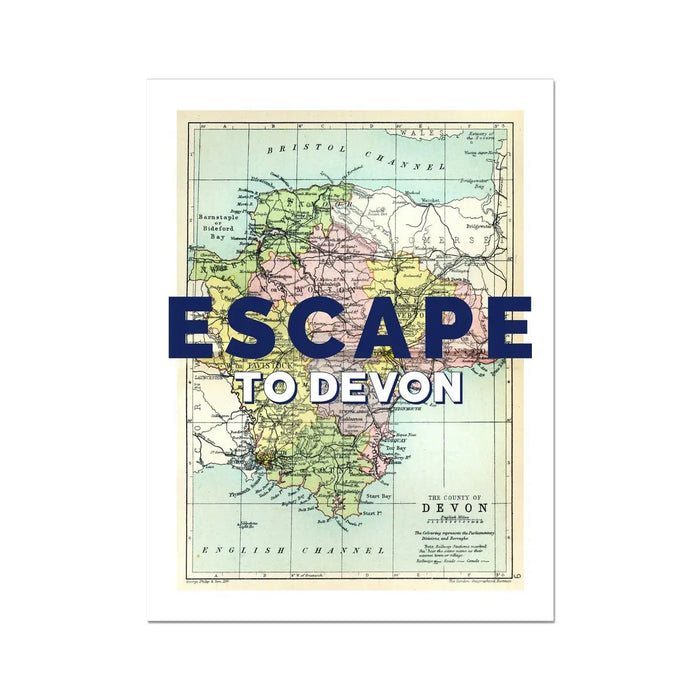 Escape to Devon (Devon Map) Vintage Map Art - Unframed - Beach House Art