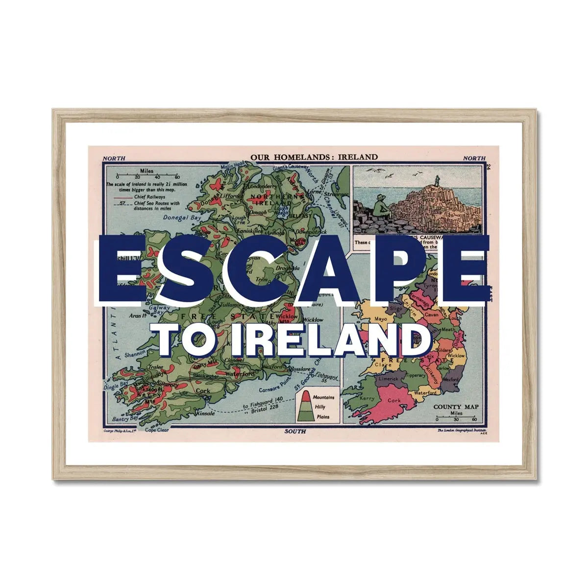 Escape to Ireland (Ireland Map) Vintage Map Art - Framed - Beach House Art