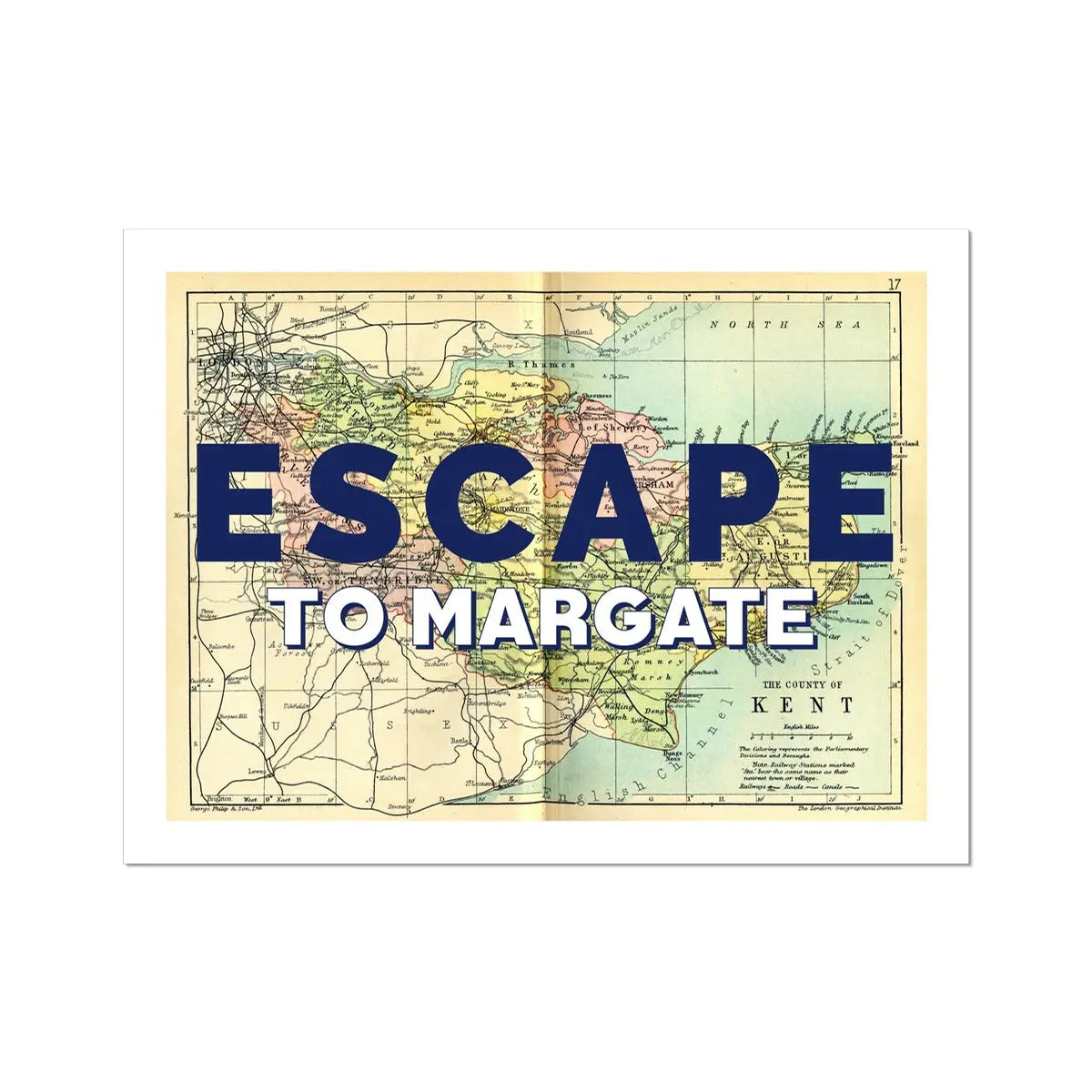 Escape to Margate (Kent Map) Vintage Map Art - Unframed - Beach House Art