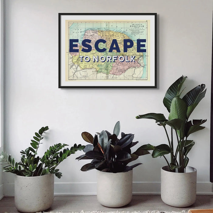 Escape to Norfolk (Norfolk Map) Vintage Map Art - Unframed - Beach House Art