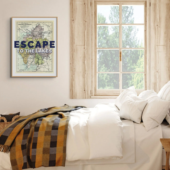 Escape to The Lakes (Lake District Map) Vintage Map Art - Unframed - Beach House Art
