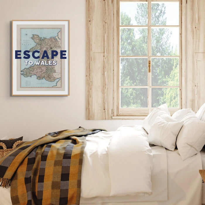 Escape to Wales (Wales Map) Vintage Map Art - Framed - Beach House Art