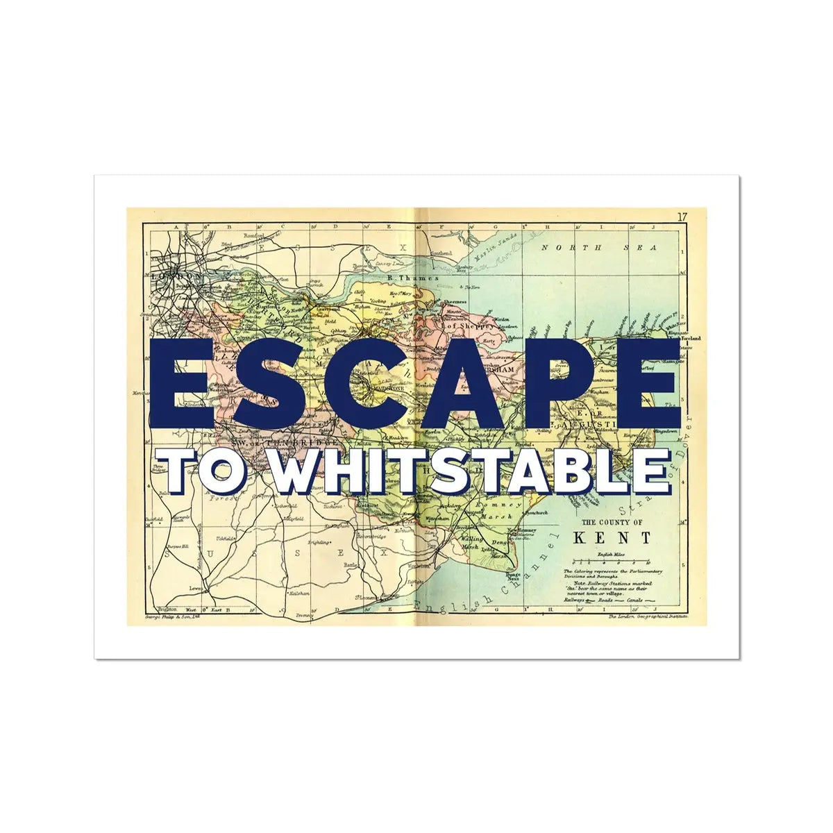 Escape to Whitstable (Kent Map) Vintage Map Art - Unframed - Beach House Art