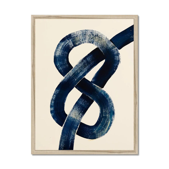 blue abstract art print in knot shape - abstract nautical painting is framed in a natural wood frame