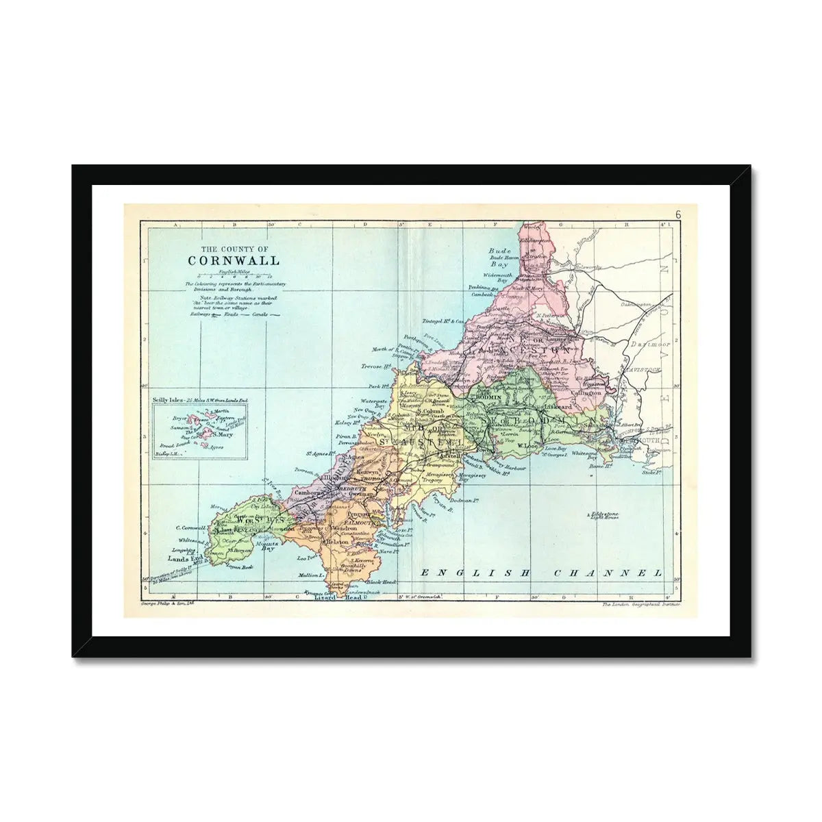 Framed Map print of Cornwall | Colourful Vintage map of Cornwall - Framed Wall Art