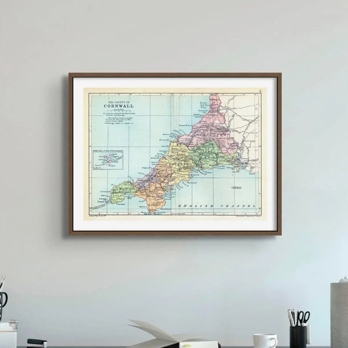 Framed Map print of Cornwall | Colourful Vintage map of Cornwall - Framed Wall Art