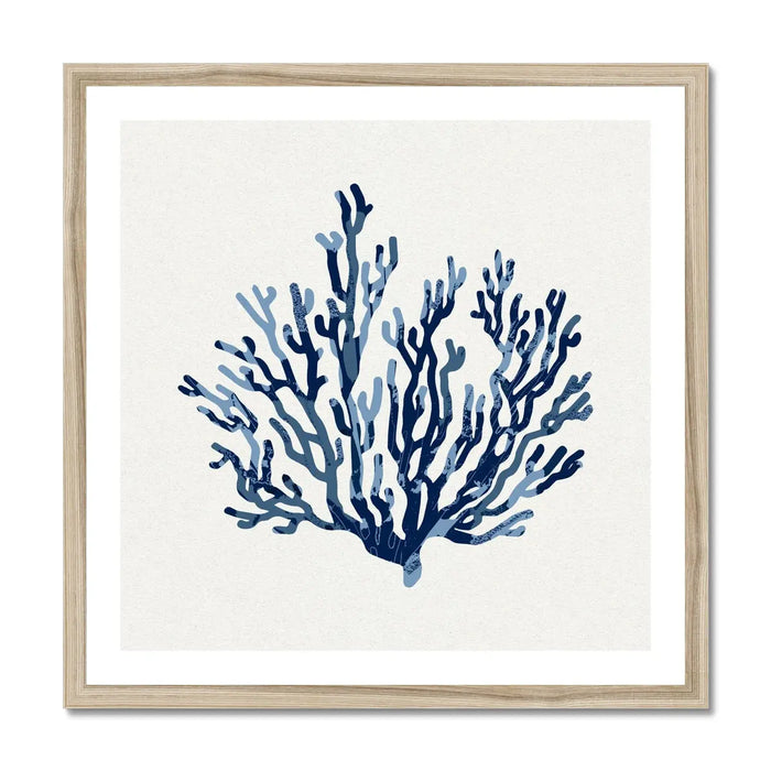 Blue Coral Art Print in inky indigo - framed with a natural wood frame