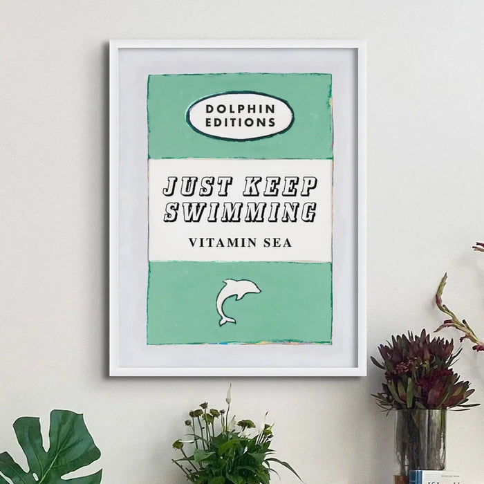 "Just Keep Swimming (Jade Green) Vintage Book Cover Art Print" without a frame.