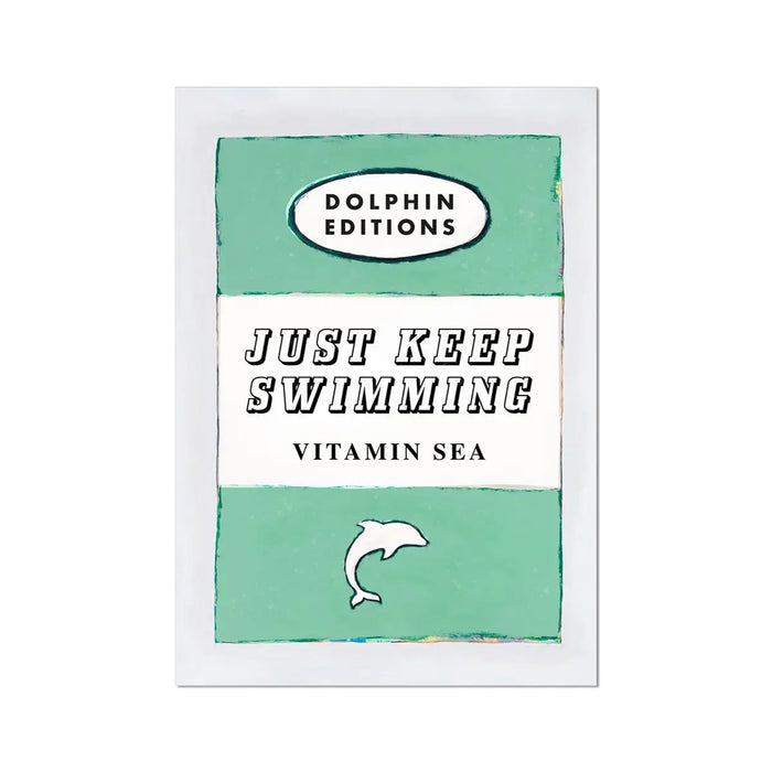 a print for all the cold water swimmers, this is a book cover poster in sage green with just keep swimming in typography in bold lettering