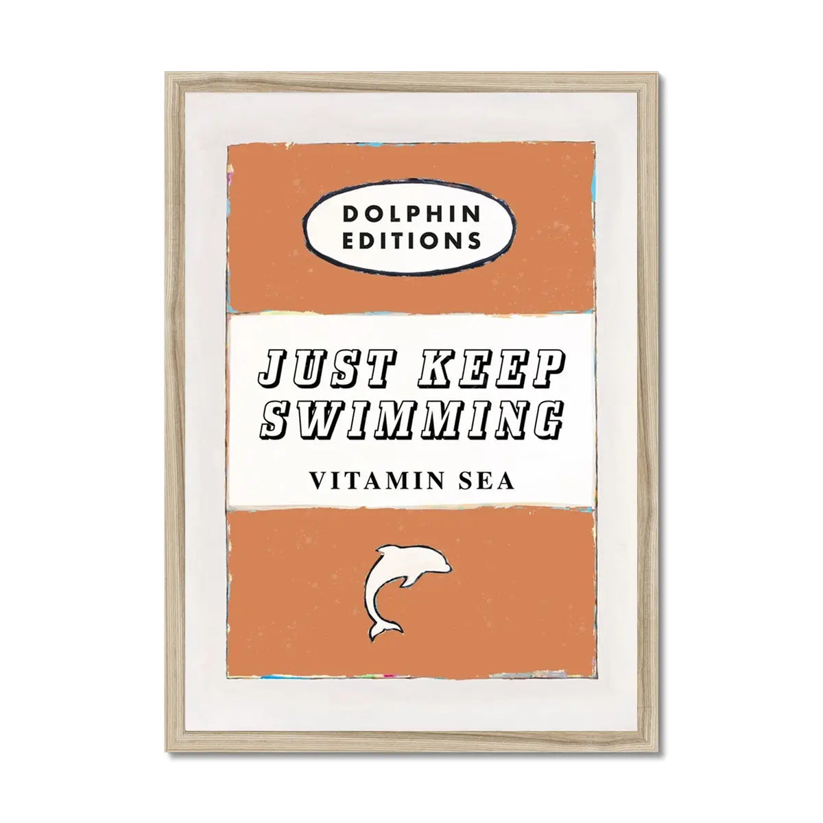 "Just Keep Swimming" vintage book cover art print in orange, which comes already framed. Beach House Art