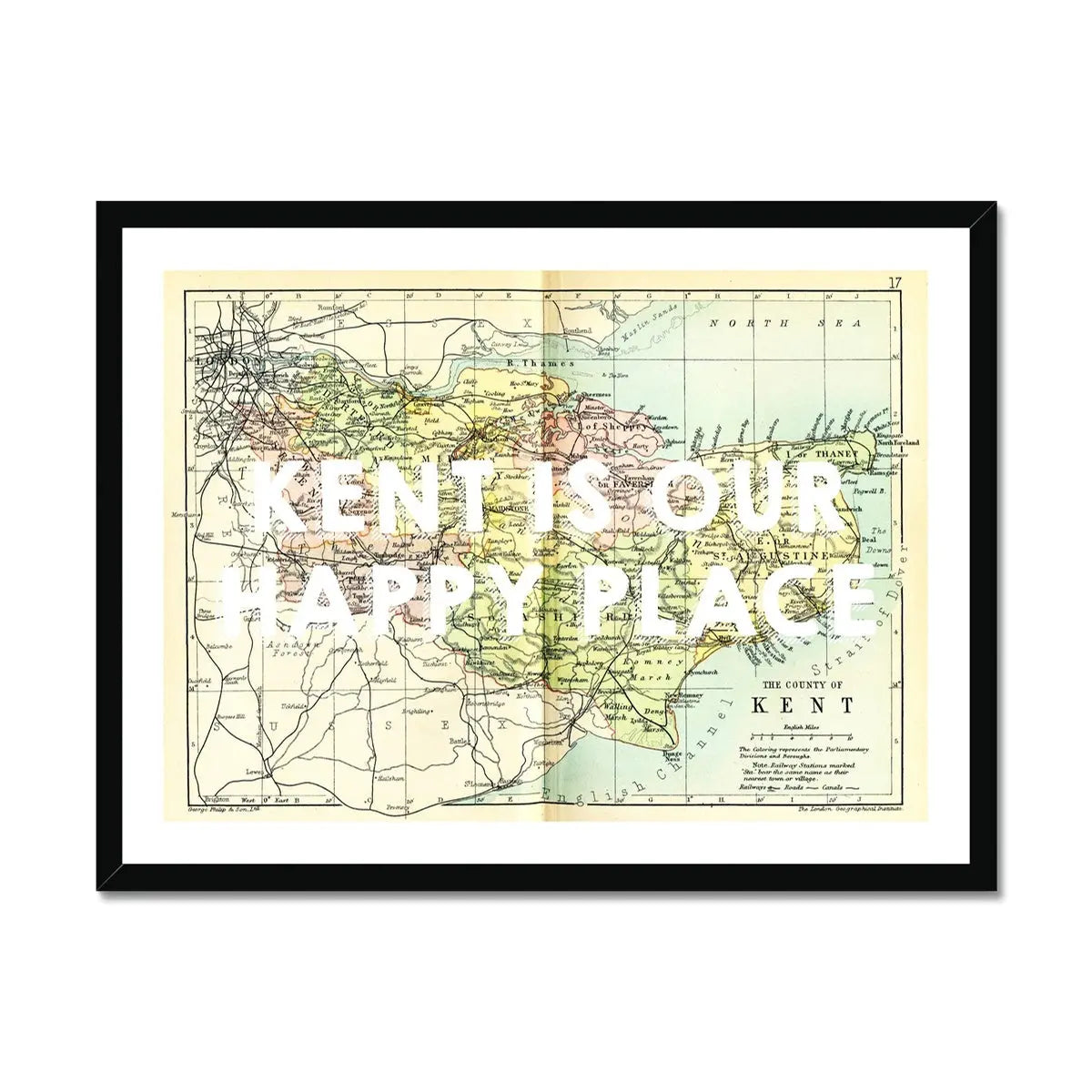 Kent is our Happy Place (Kent Map) Vintage Map Art - Framed - Beach House Art