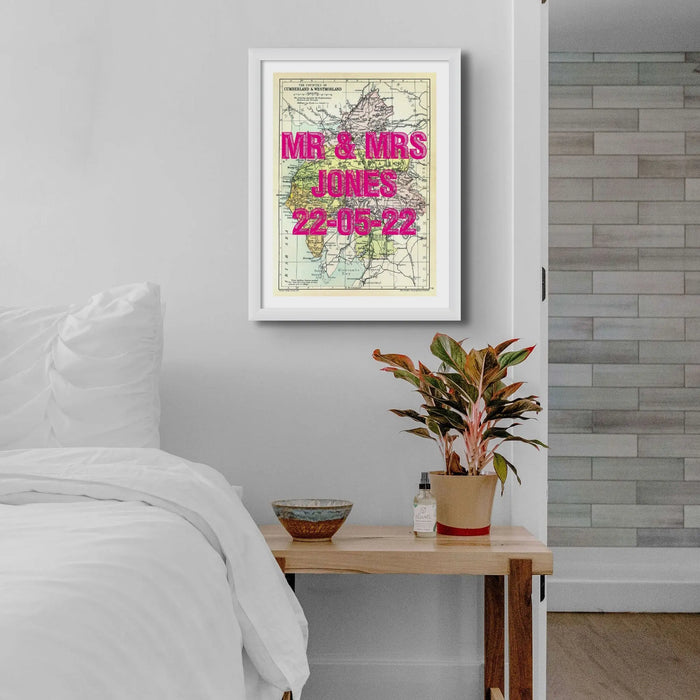 Lake District Map Print | Personalised Art Print in Pink Font - Unframed Wall Art