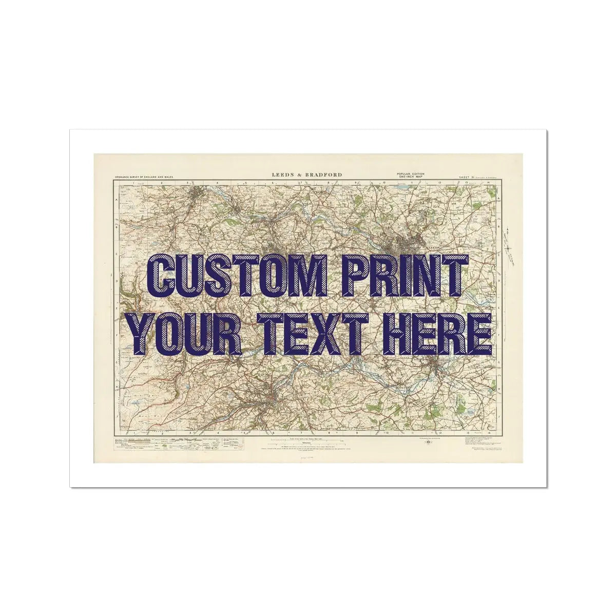 Leeds Personalised Map Print | Map Print of Leeds | Navy Vintage Font - Unframed Wall Art