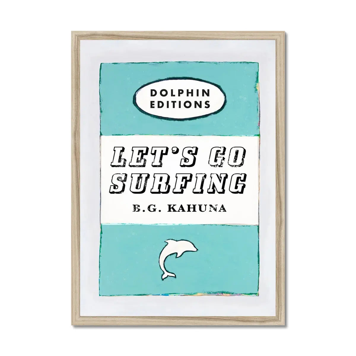 framed print of the vintage book cover art poster "Let's Go Surfing" in aqua blue.