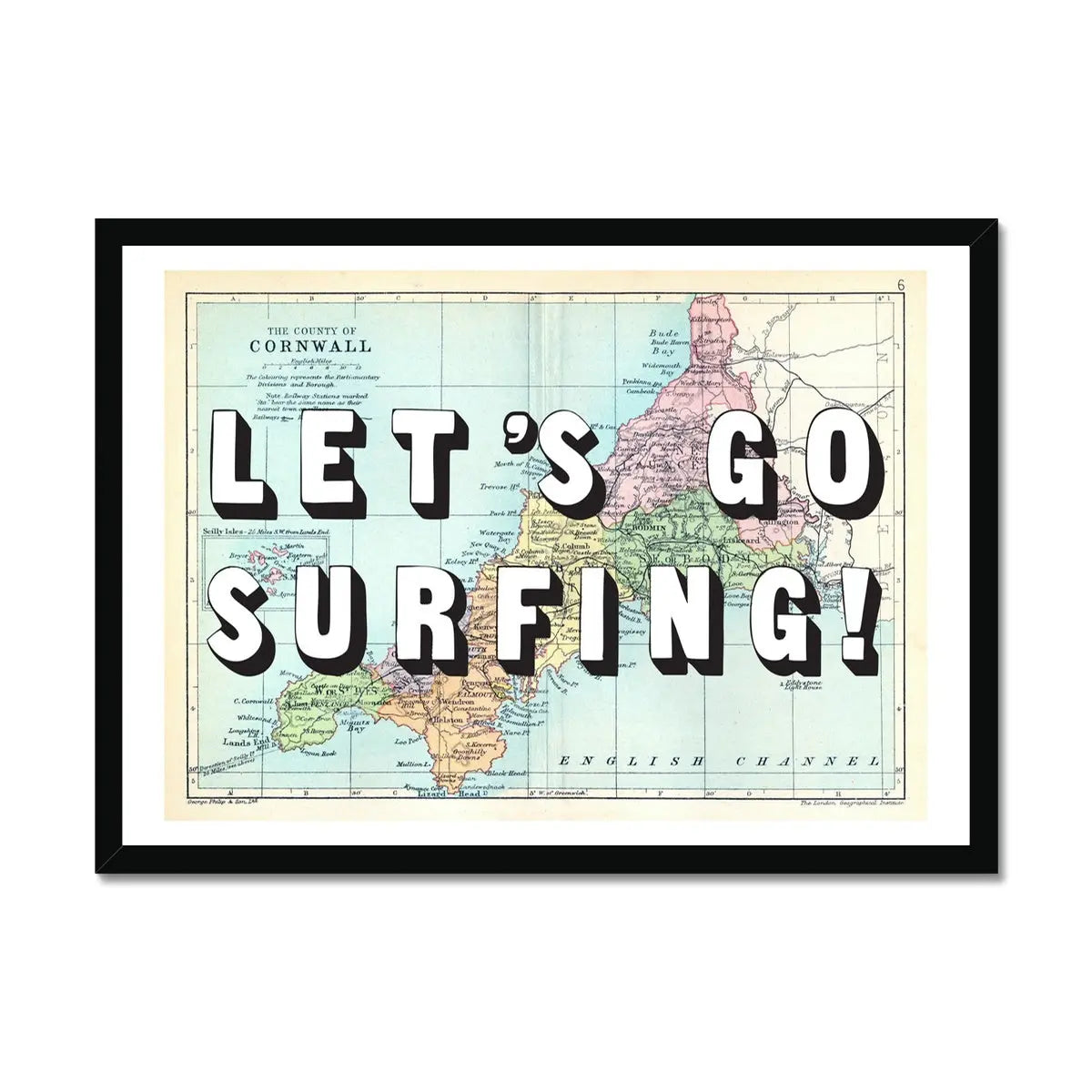 Let's Go Surfing! Art Print | Cornwall Map Print | Vintage Map Art - Framed Wall Art