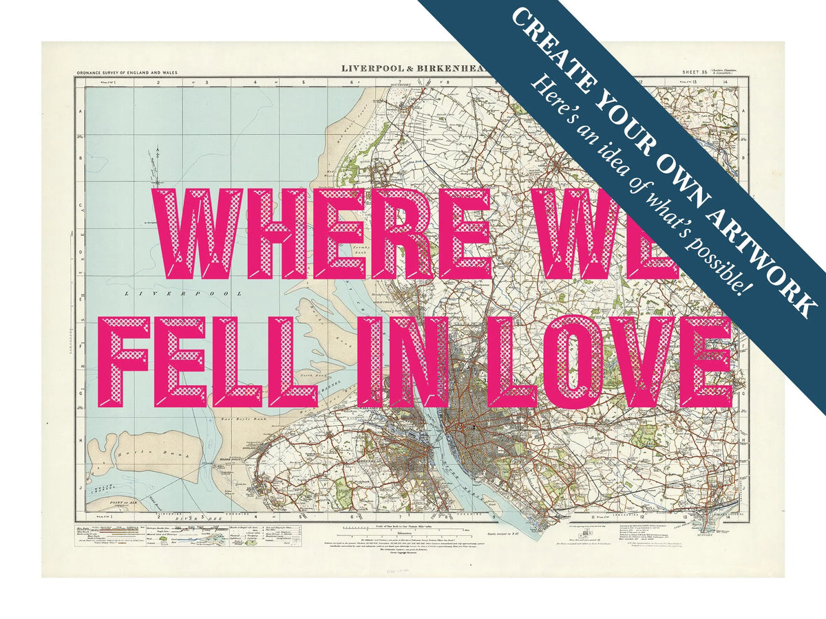 Custom Map print of Liverpool | Personalised Map Print | Map Prints in pink font - Framed wall art