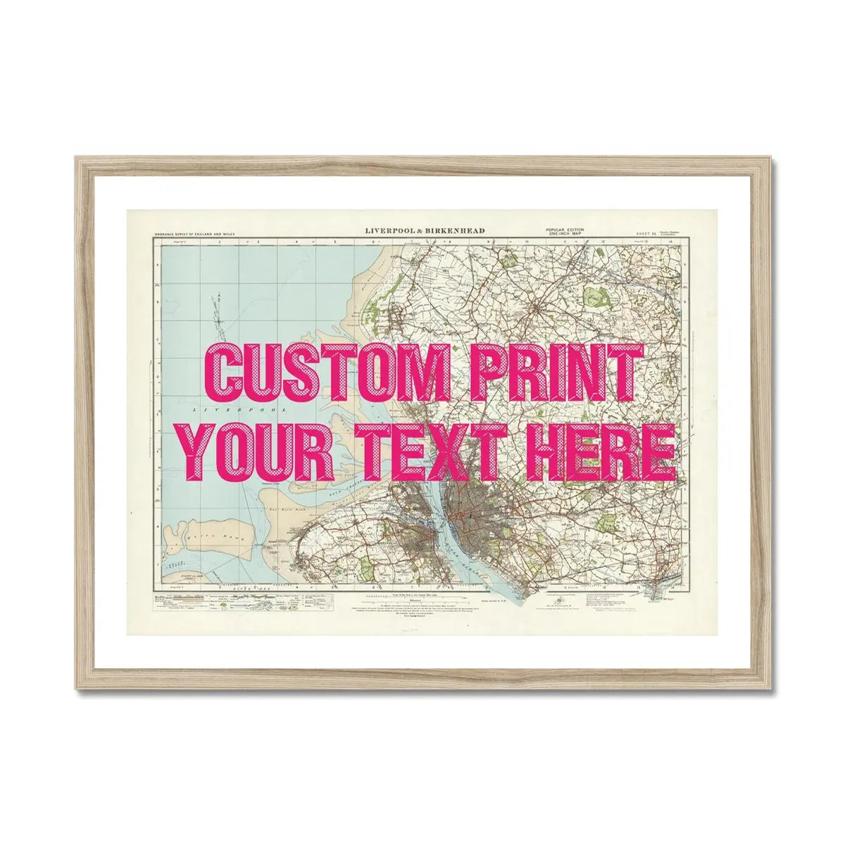 Custom Map print of Liverpool | Personalised Map Print | Map Prints in pink font - Framed wall art