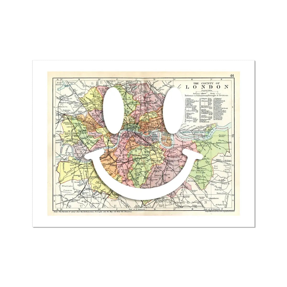 Map of London with white smiley face - beach house art