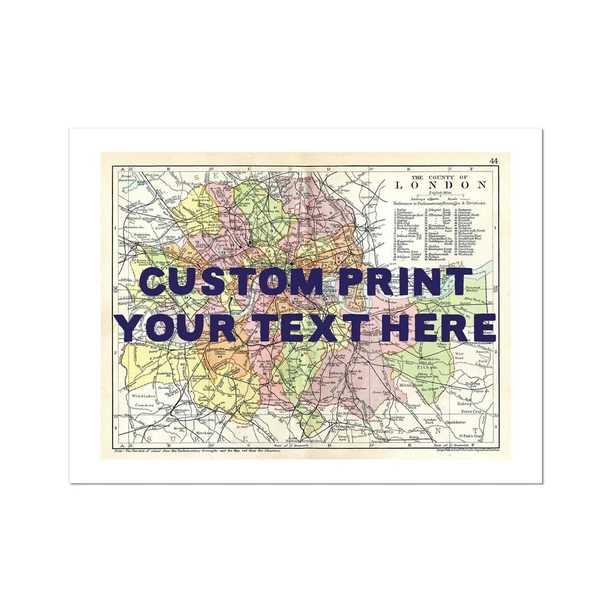 Framed personalised city map art print of London with navy font - Unframed wall art