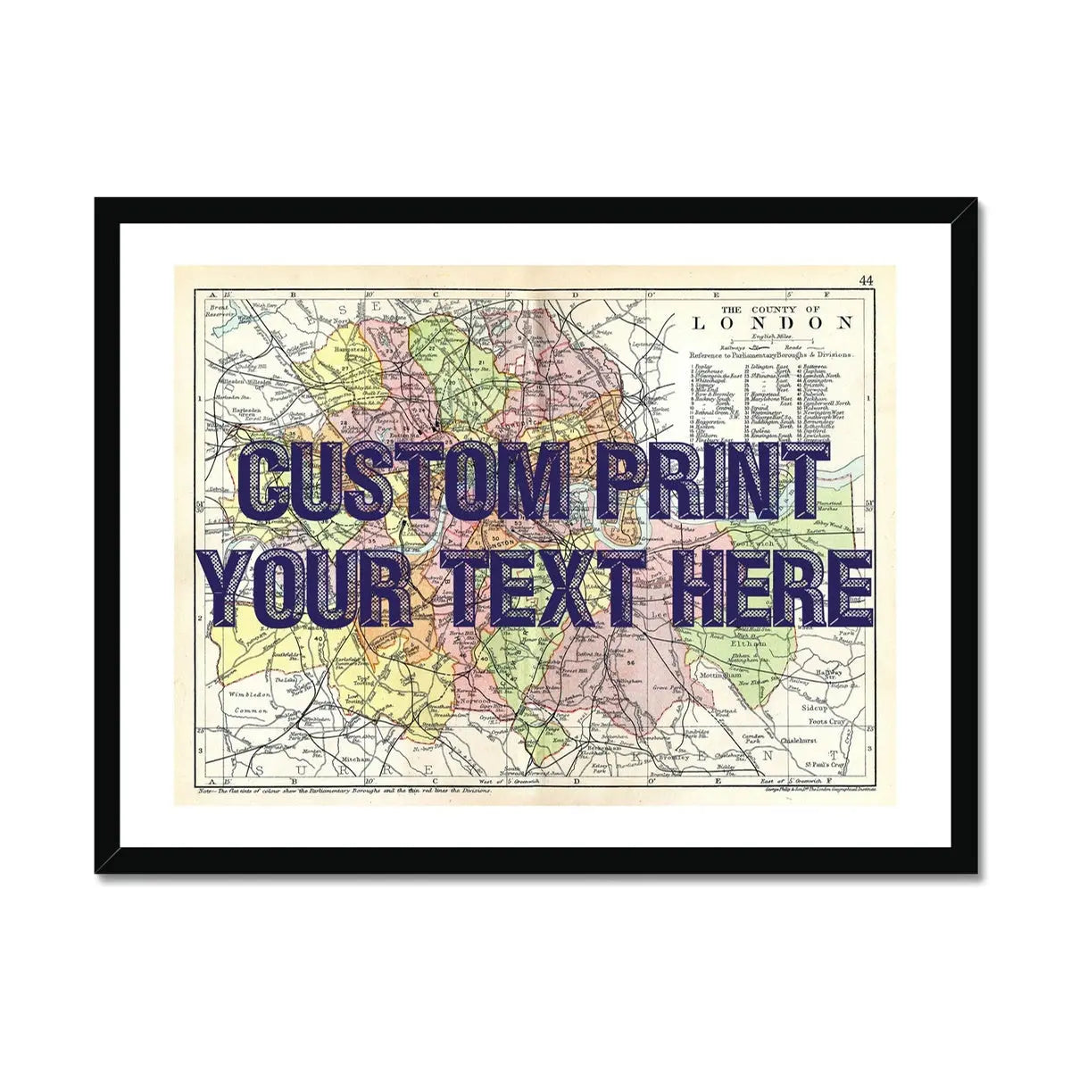 Coastal wall art featuring a personalised vintage city map print of London with pink font - Framed Wall Art