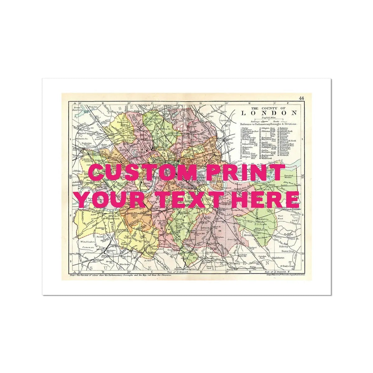 Framed personalised city map art print of London with pink hand-drawn font - Unframed wall art