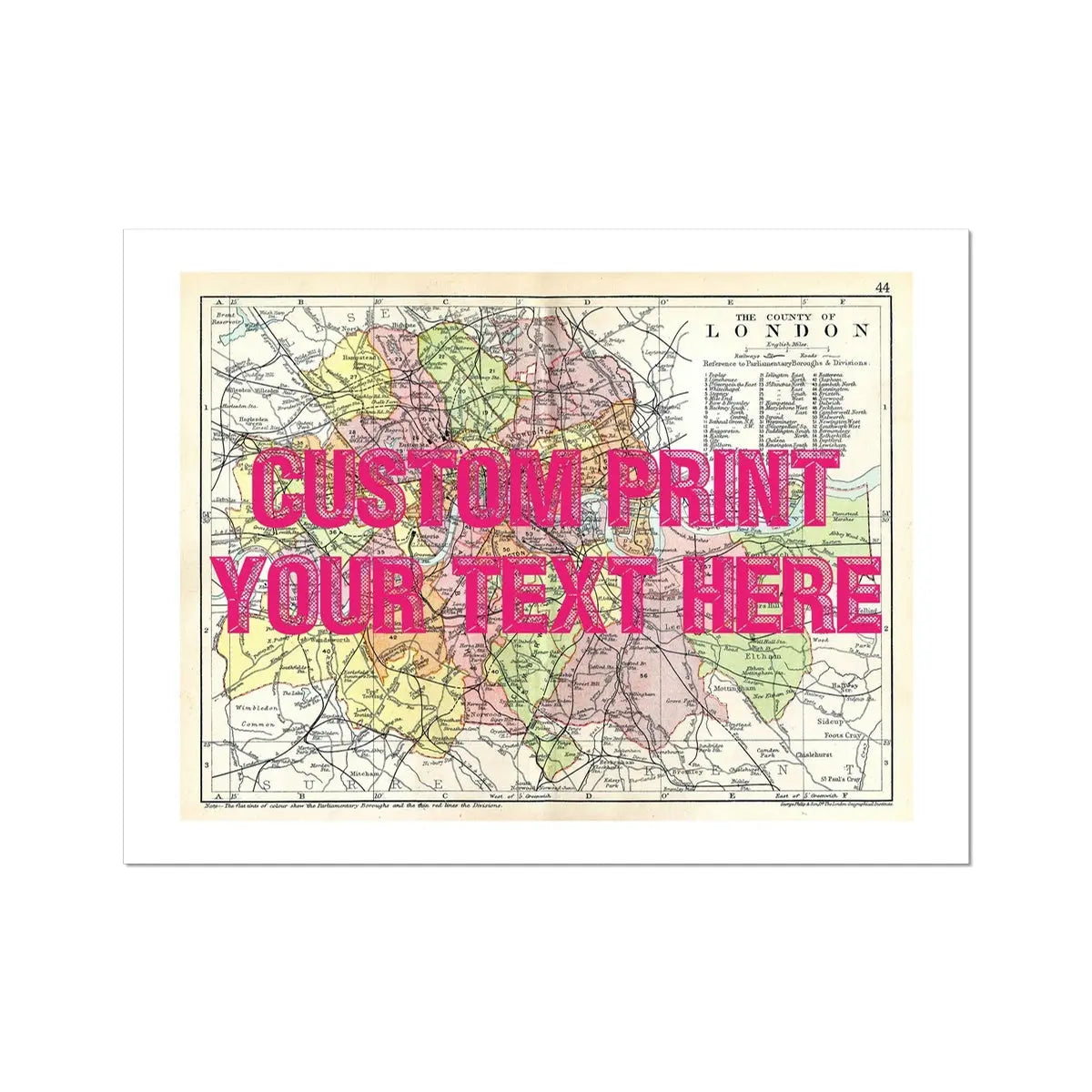 Coastal wall art featuring a personalised vintage city map print of London with pink font - Unframed wall art