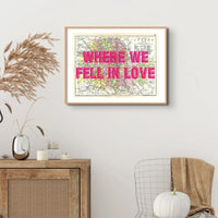 Coastal wall art featuring a personalised vintage city map print of London with pink font  - Unframed wall art