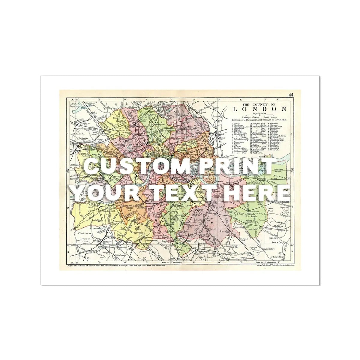 Coastal wall art featuring a personalised vintage city map print of London with white font - Unframed Wall Art