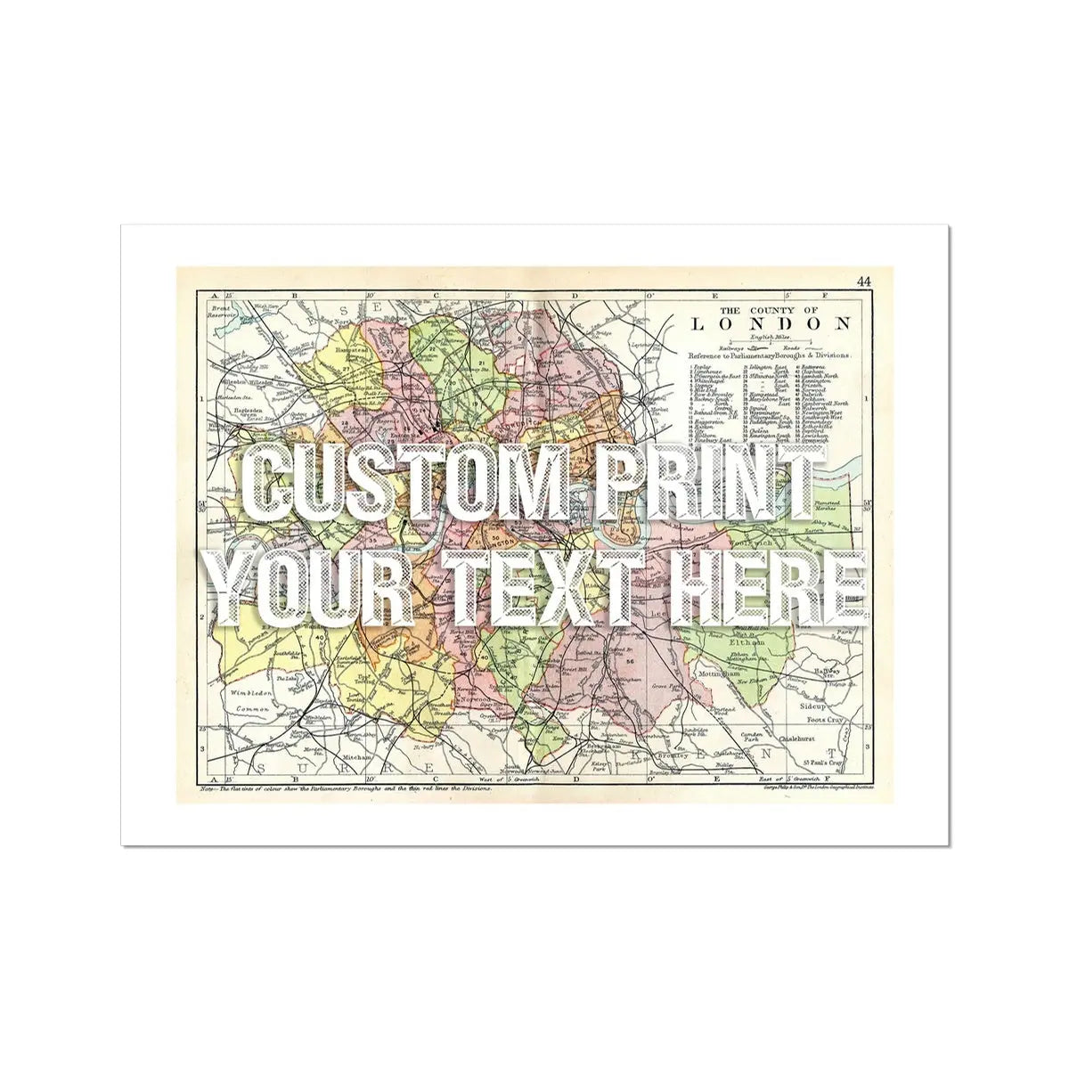 Coastal wall art featuring a personalised vintage city map print of London with white font - Unframed wall art