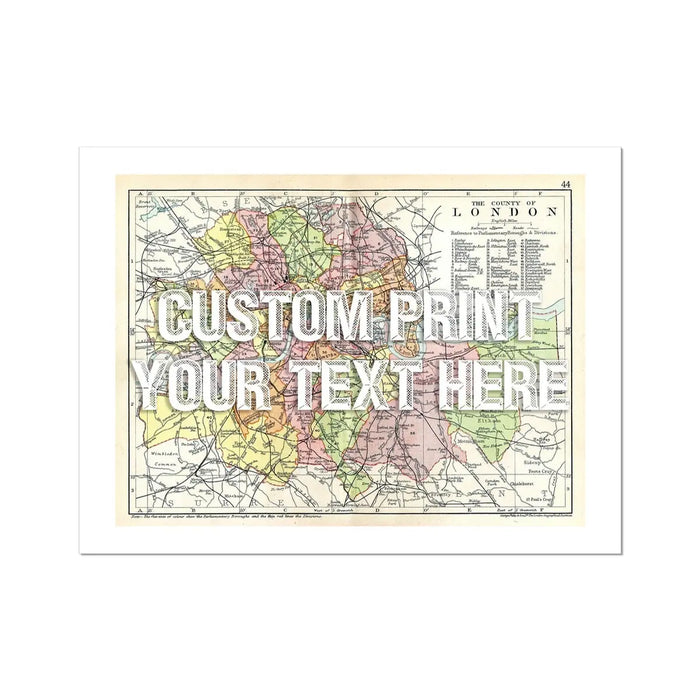 Coastal wall art featuring a personalised vintage city map print of London with white font  - Unframed wall art