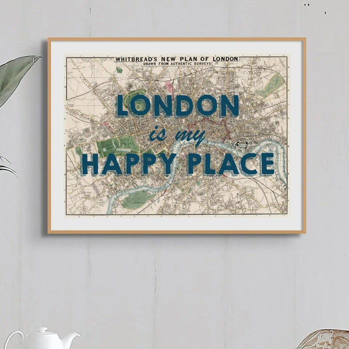 London is my Happy Place (London Map) Vintage Map Art - Framed - Beach House Art