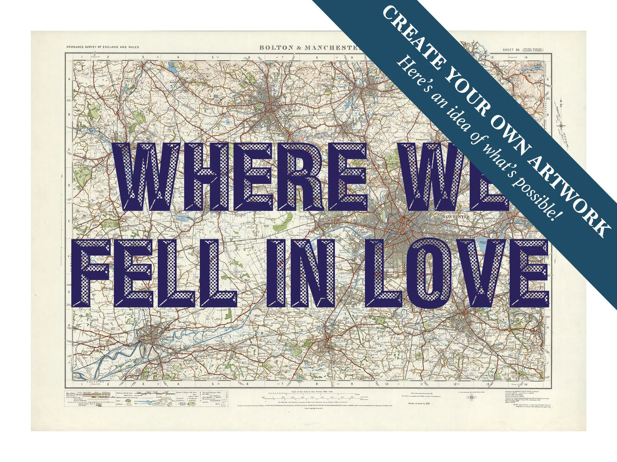 City map wall art featuring a personalised map print of Manchester with navy font - unframed wall art