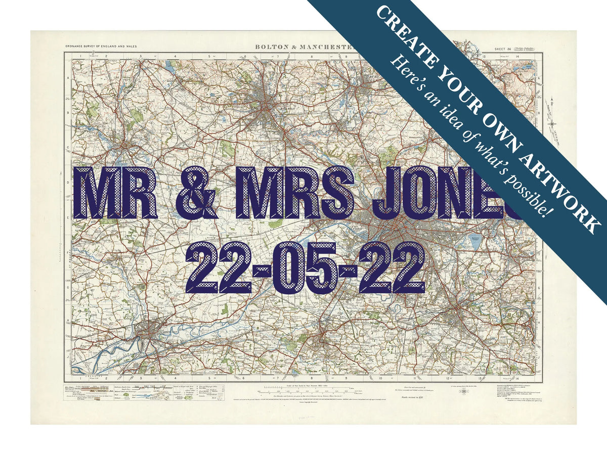 City map wall art featuring a personalised map print of Manchester with navy font - unframed wall art