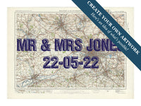 City map wall art featuring a personalised map print of Manchester with navy font - unframed wall art