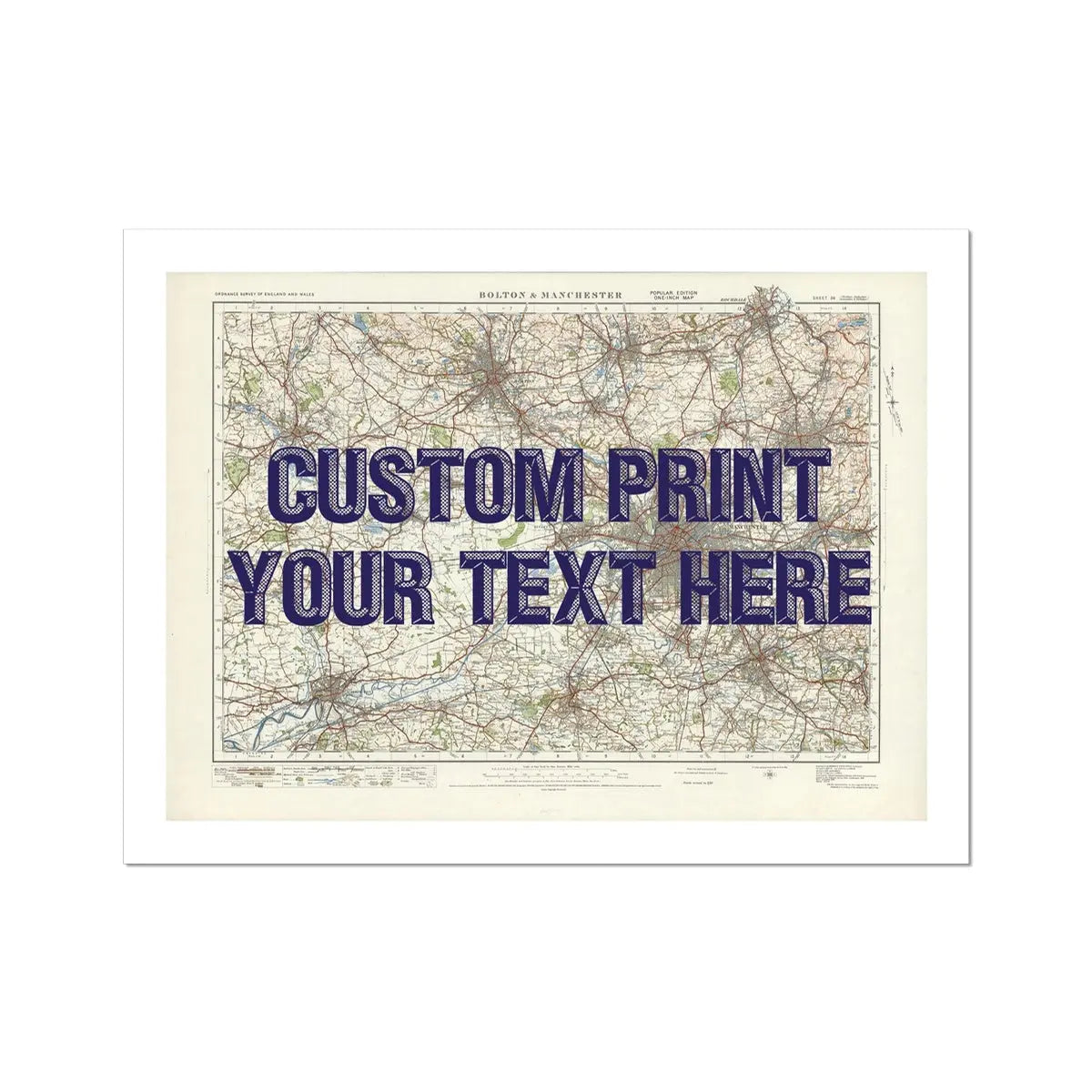 City map wall art featuring a personalised map print of Manchester with navy font - unframed wall art
