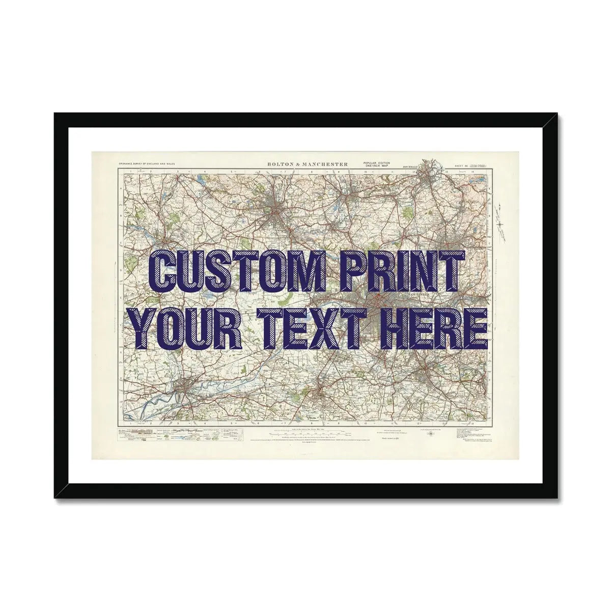 City map wall art featuring a personalised map print of Manchester with navy font - framed wall art